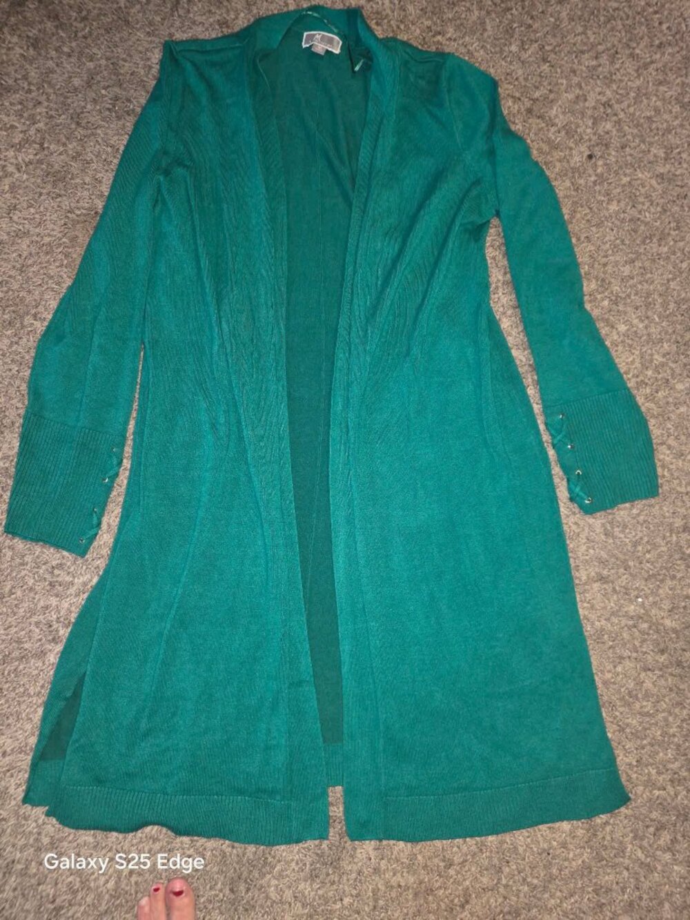 JM Collection Green Long Cardigan Duster M Lace Up Cuffs Boho